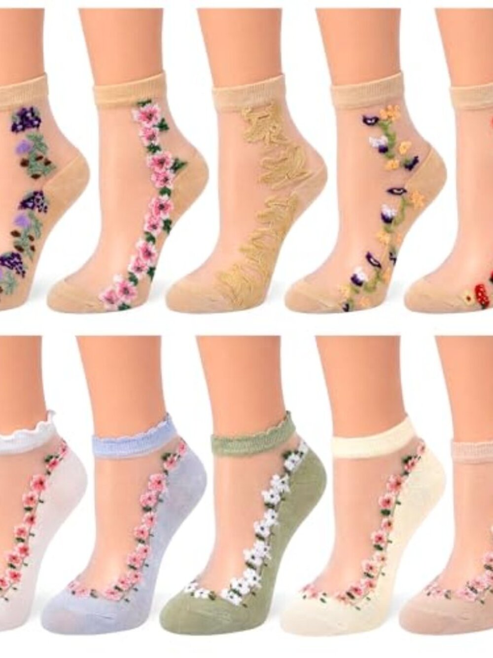 10 Pairs Women Sheer Ankle Socks Floral Lace Design